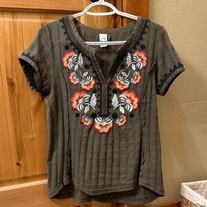 Anthropologie Olive Embroidered Blouse